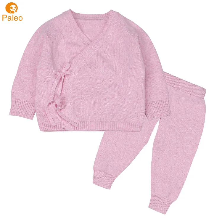 Factory Custom Infant Boy Girl Kimono Sweater Cardigan 100% Cotton Knitted Baby Clothing Set