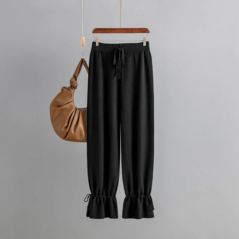 Women Autumn and Winter Knit Trousers Wide Leg Loose Pants Ankle Length Pants Casual Trouser Elastic Waist Plus Size Pants