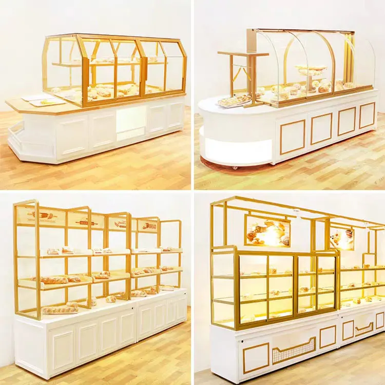 Floor Stand Supermarket Shelf Perpex Curved Glass Custom Cake Bread Acrylic Showcase Display Cabinet