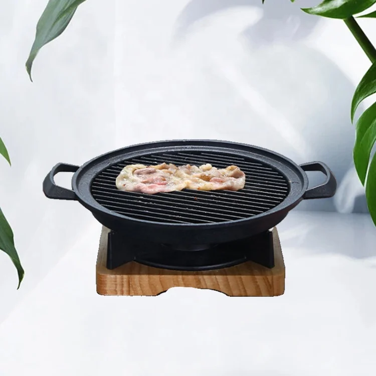 Оптовая продажа, антипригарная сковорода panko, мини-гриль для барбекю, круглая спиртовая плита с деревянной основой