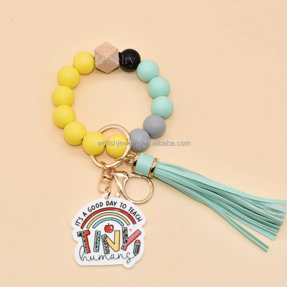 Wofish Designs Silicone Pencil Colors Beaded With IT IS GOOD DAY TO TEACH TNIY Disc Charm Wristlet Bracelet Keychain For Teacher