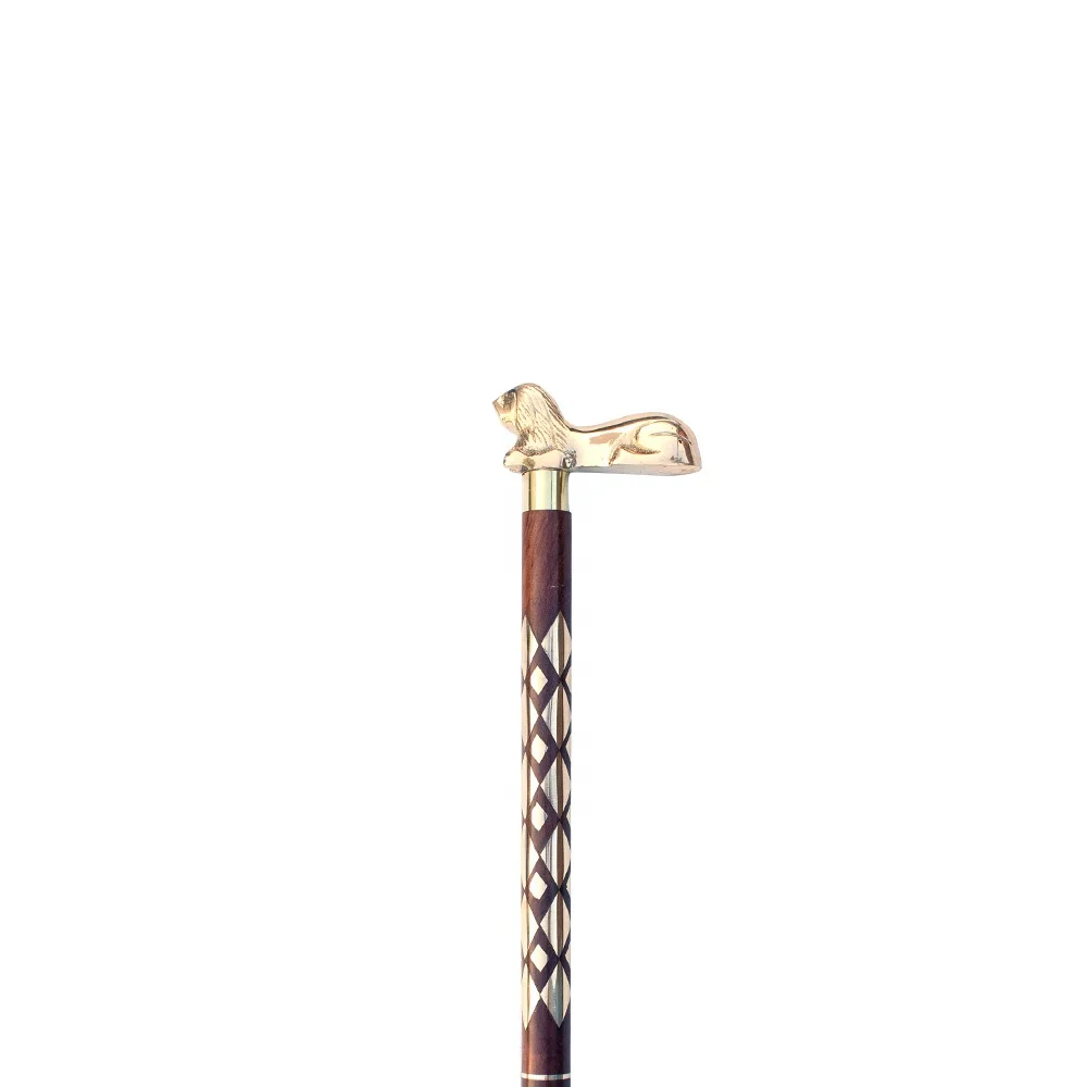 Wooden Folding Cane Walking Stick with Brass Lion Grip Handle WS1902