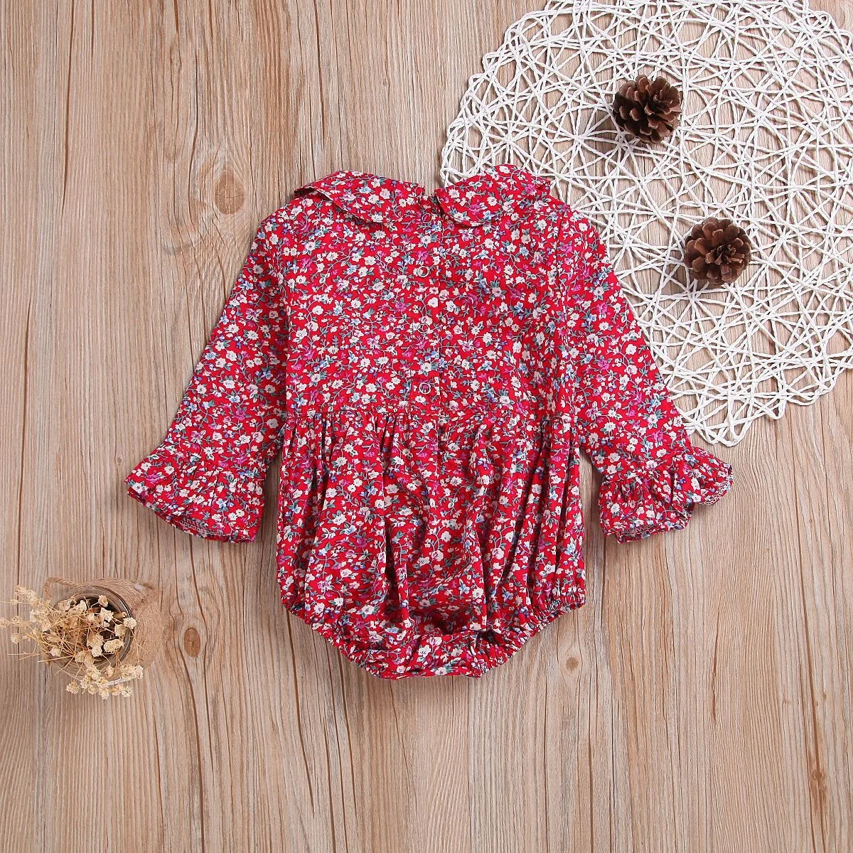 toddler romper crimson floral full sleeves bodysuits cute baby girl clothes with pan collar ruffle 6 month infant baby romper