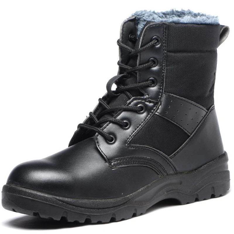 Diansen OEM Winter Cotton High-top Two-layer Cow Hide Plastic Steel Toe PU Bottom Anti-smash Anti-piercing Outdoor Safety Shoes