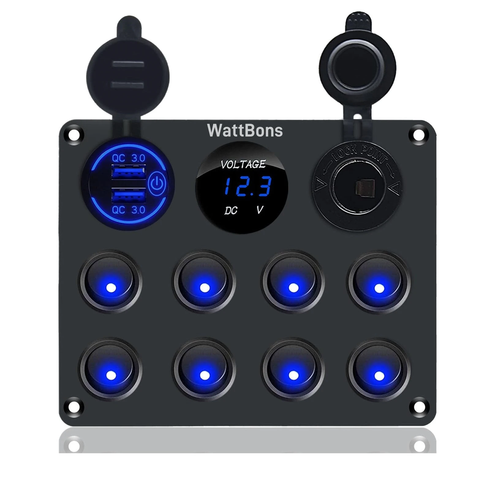 Marine Round Rocker Switch Panel 8 Gang QC30 USB Charger Digital Voltmeter Car Socket 12V ON OFF Switch for Boat Truck Trailer