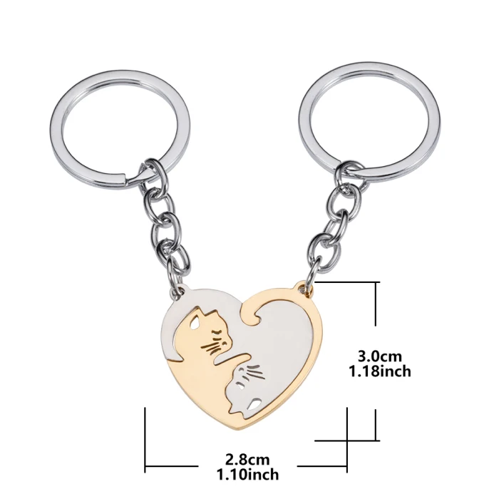 Fashion hot sale romantic creative key chain jewelry stainless steel heart shape couple lover cat stitching keychain for lovers