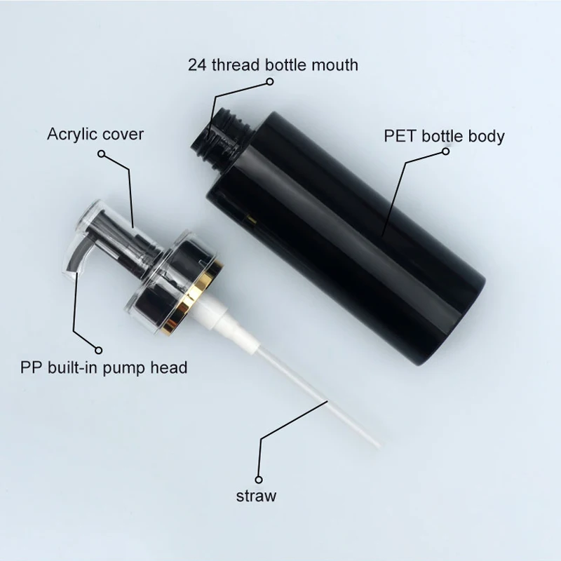 Stock 100ml 200ml 300ml Environmentally friendly PET luxury round black shampoo shower gel bottle Body lotion plastic bottle