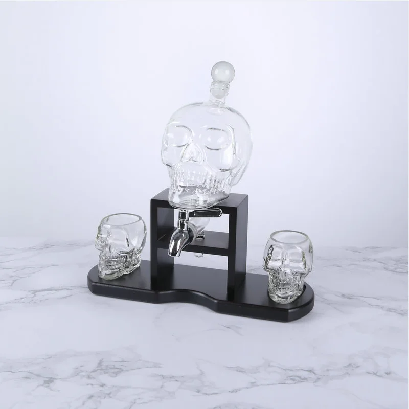 Skeleton Wine Whiskey Decanter Set 750 mL With 3oz Skeletons Shot Glasses and Mahogany Wooden Base