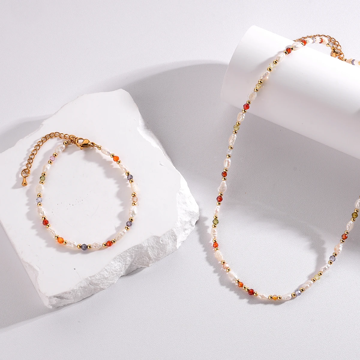 New Multi Color Crystal Natural Stone Beads Baroque Pearl Necklaces Bracelets Women Fashion Jewelry Sets