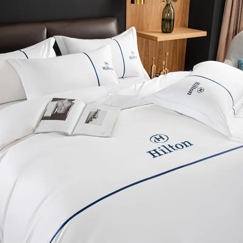 Free embroidery custom luxury white bedsheets hilton bed sheet duvet cover 100% egyptian cotton bedding set 100 cotton hotel