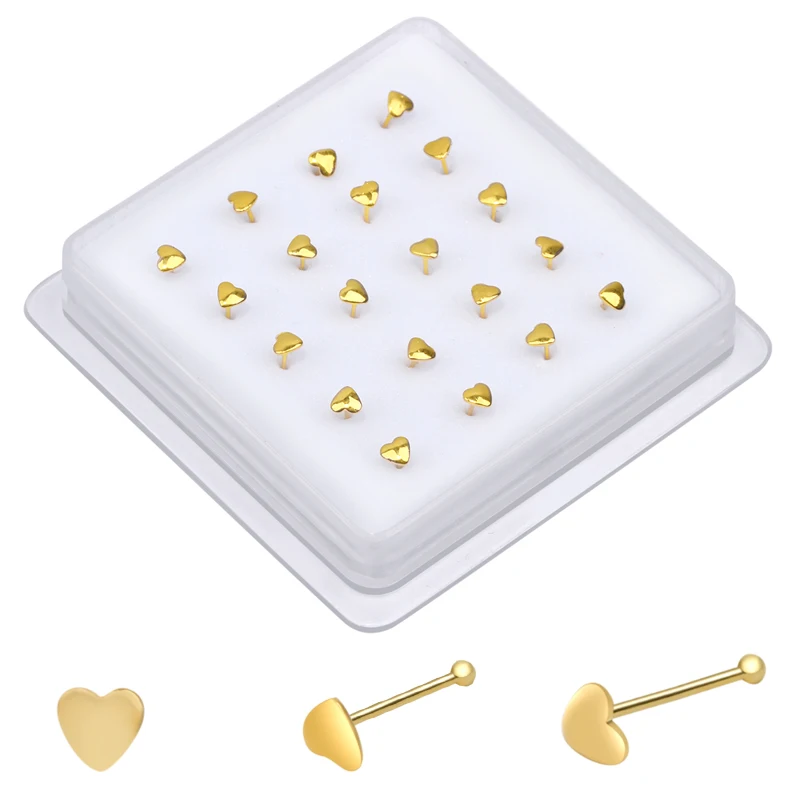 20 PCS Heart Nose Studs Ball End Pin Nose Bone Nostril Bendable Soft Needle Nose Piercing Boxed Jewelry Wholesale 22G