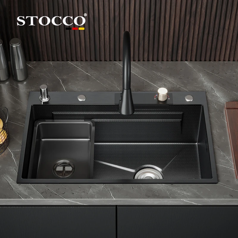 luxury modern draining single bowl 304 stainless steel multifunction kitchen sink black waterfall faucet kitchen sinks