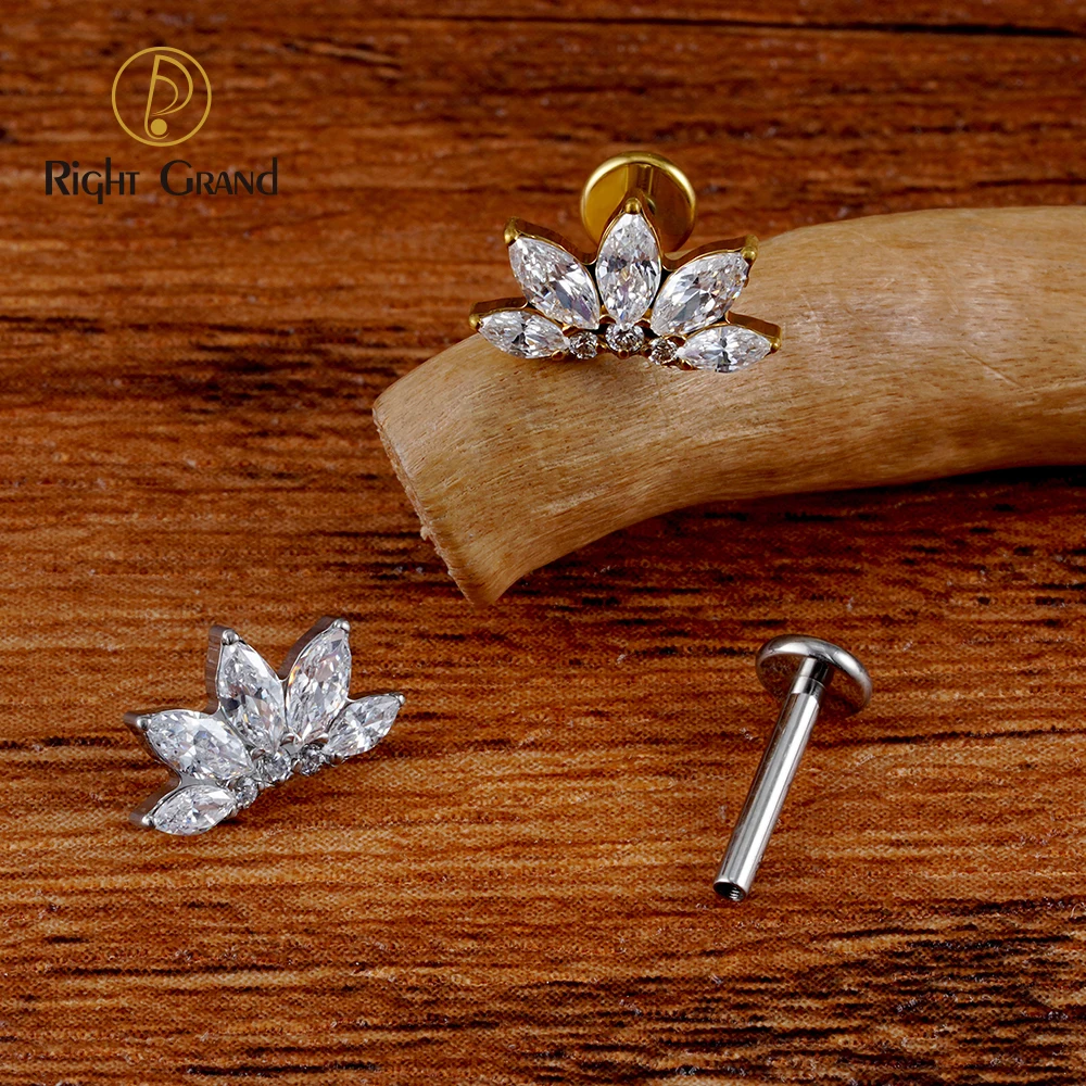 Right Grand ASTM F136 Piercing Titanium Marquise  CZ Flower Flat Back Stud Labret Tragus Helix Labret Piercing Earring Piercing