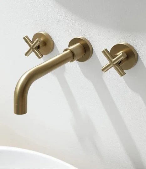 Brushed Gold Brass Bathroom Tap, Double Handle Three Holes Wall Mount Bathroom Sink Faucet and Rough in Valve Included