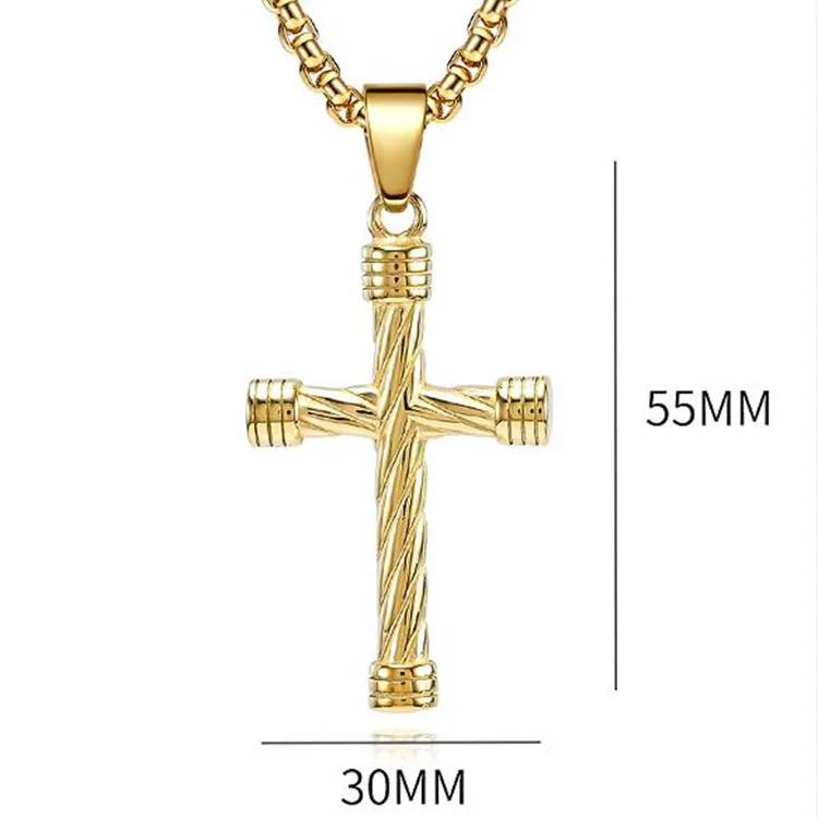 Custom Wholesale High Quality 18K Gold Plated Stainless Steel Fashion Jewelry Popular Cable Wire Cross Mens Pendant Necklace