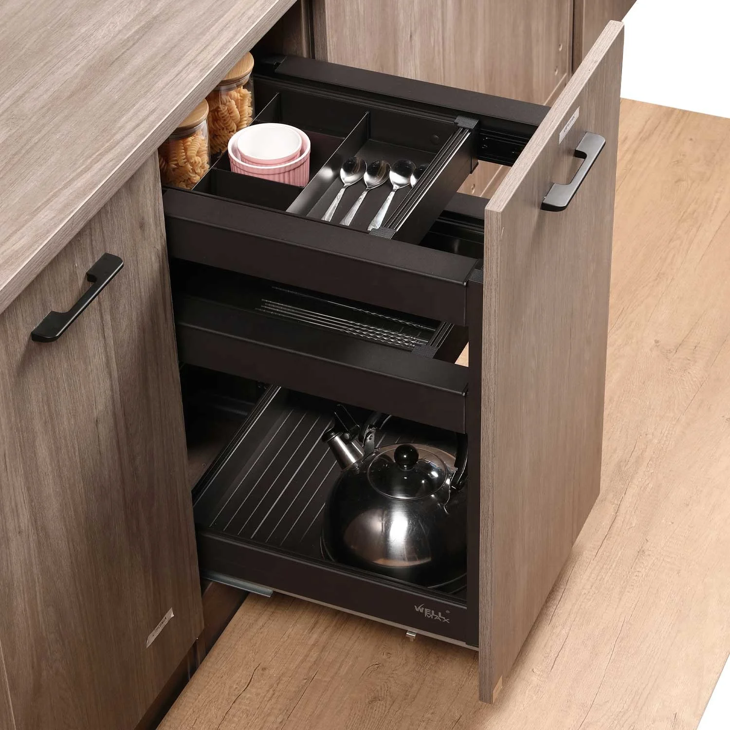 WELLMAX Kitchen Cabinet Accessories Multipurpose Drawer Basket Aluminium Black Powder Coated Pull Out Seasoning Basket