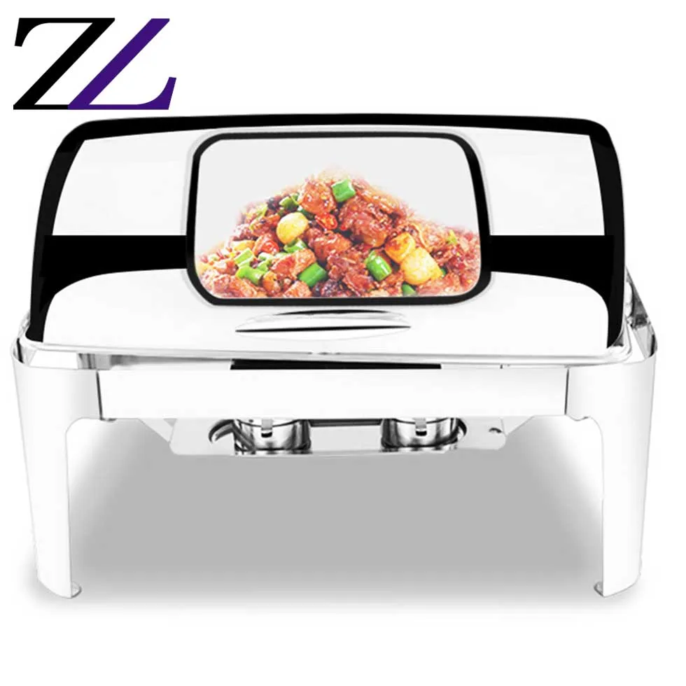 Catering buffet serving stove chaffers square widows food warmer roll-top lid chaffer stainless steel modern chafing dish deluxe