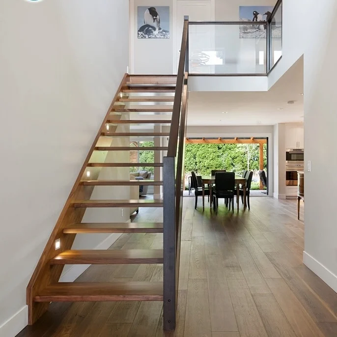 Good Quality Apartment Double Steel Stringer Glass Wood Step Straight Stairs LED Staircases with Glass Railing