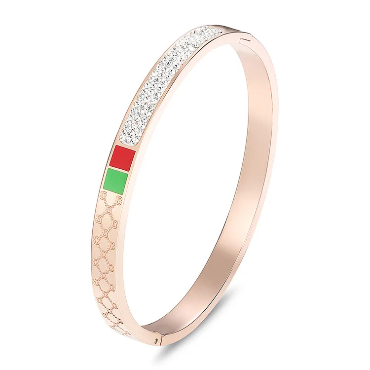 Dropshipping New red and green diamond inlaid titanium steel rose gold plated bracelet simple stainless steel headpiece B321