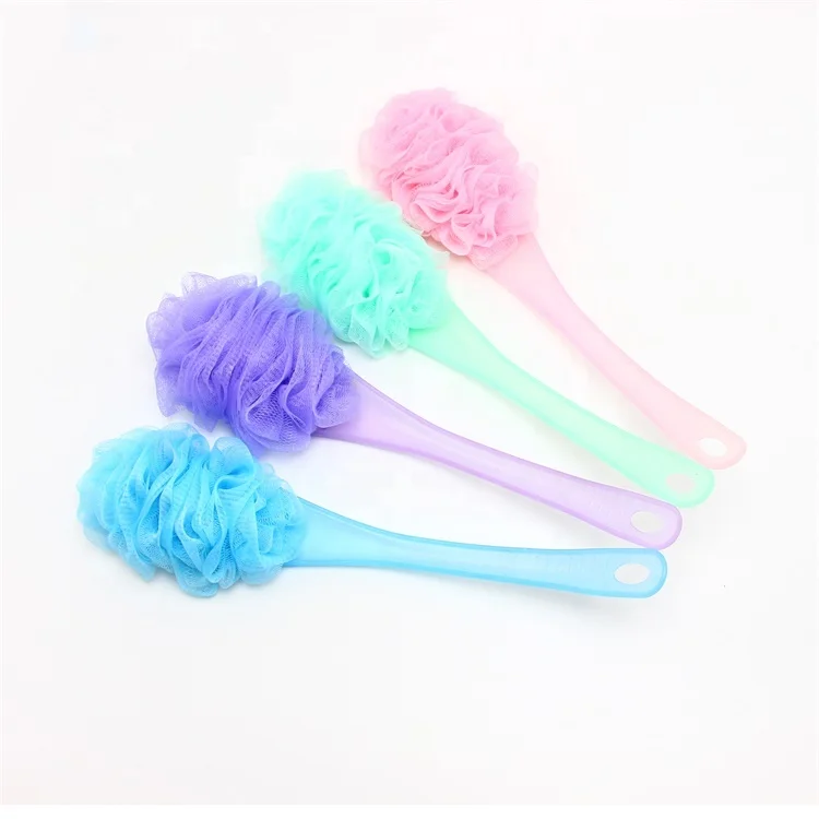 Plastic long handle shower ball massage body bath sponge shower loofahs customized mesh pouf bath sponge