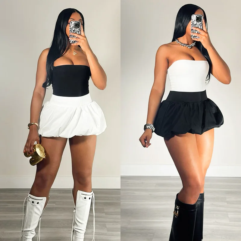 2024 Summer Solid Corset With Bubble Skirt Ladies 2 Pieces Set Tweed Skirt Puffer Women Outfits