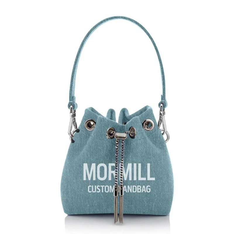 Trendy Drawstring Tassel Large Capacity Shoulder Vintage Bucket Bag Custom Denim Bags Women