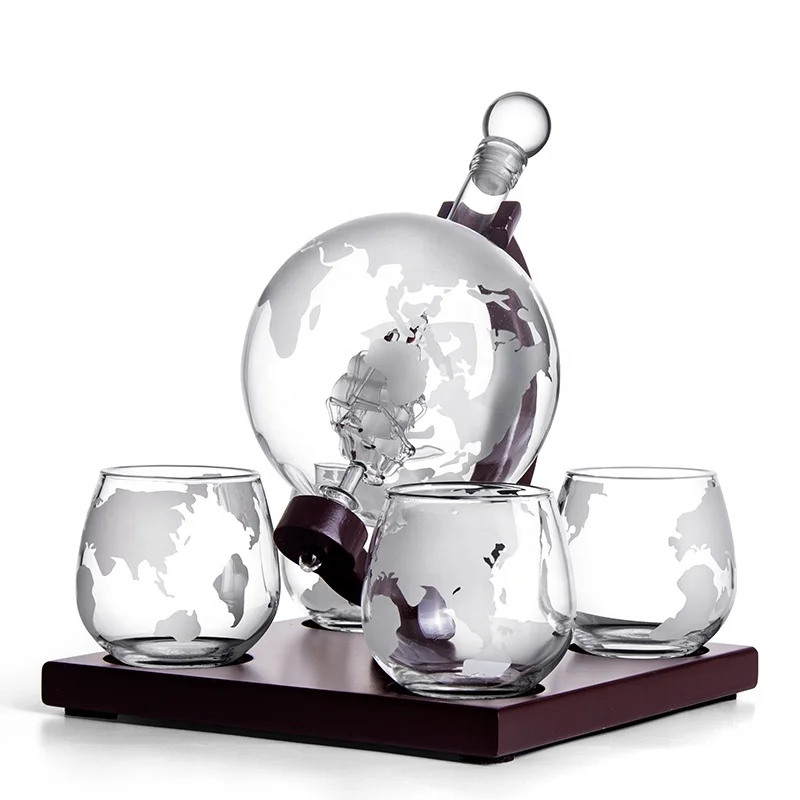 Whiskey & Wine Glass Decanter Gifts for Men & Dad Ship Decanter 1000ml Set with 4 Globe Drinking Glasses