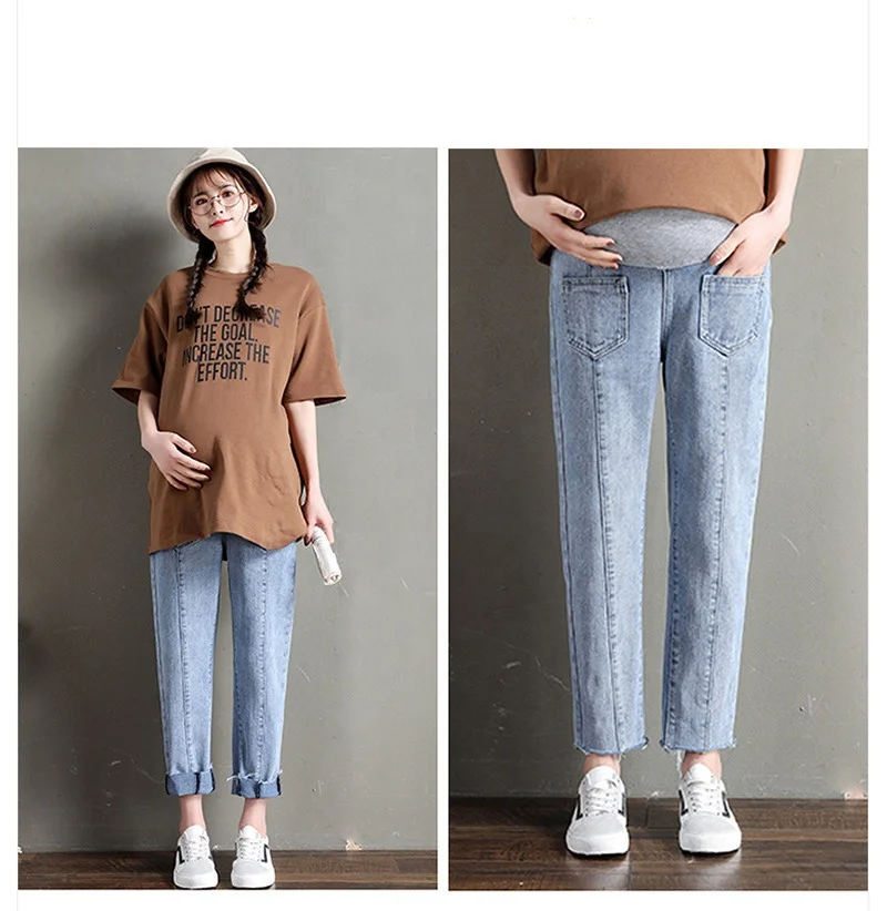 Модель 2019 года, весенние джинсы для беременных с карманами в виде ягодиц для беременных, джинсовые брюки для беременных, хлопковые свободные брюки, Одежда для беременных