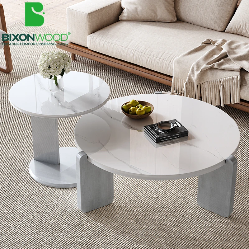 BIXONWOOD Modern Minimalist Marble Slab Stone Top Coffee Table Modern Simple Solid Wooden Base Sintered Coffee Table For Home