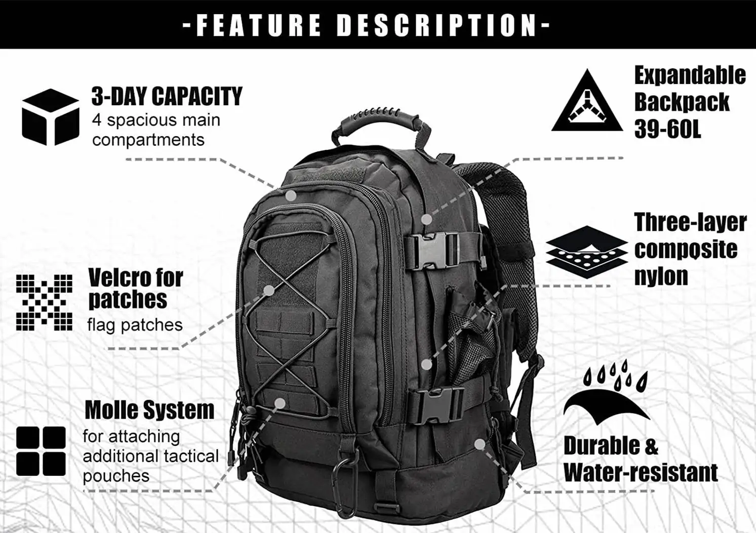 65L Custom Waterproof Black Traveling Hiking Camping Bug Out Tactical Range Molle Bag Backpack Rucksack