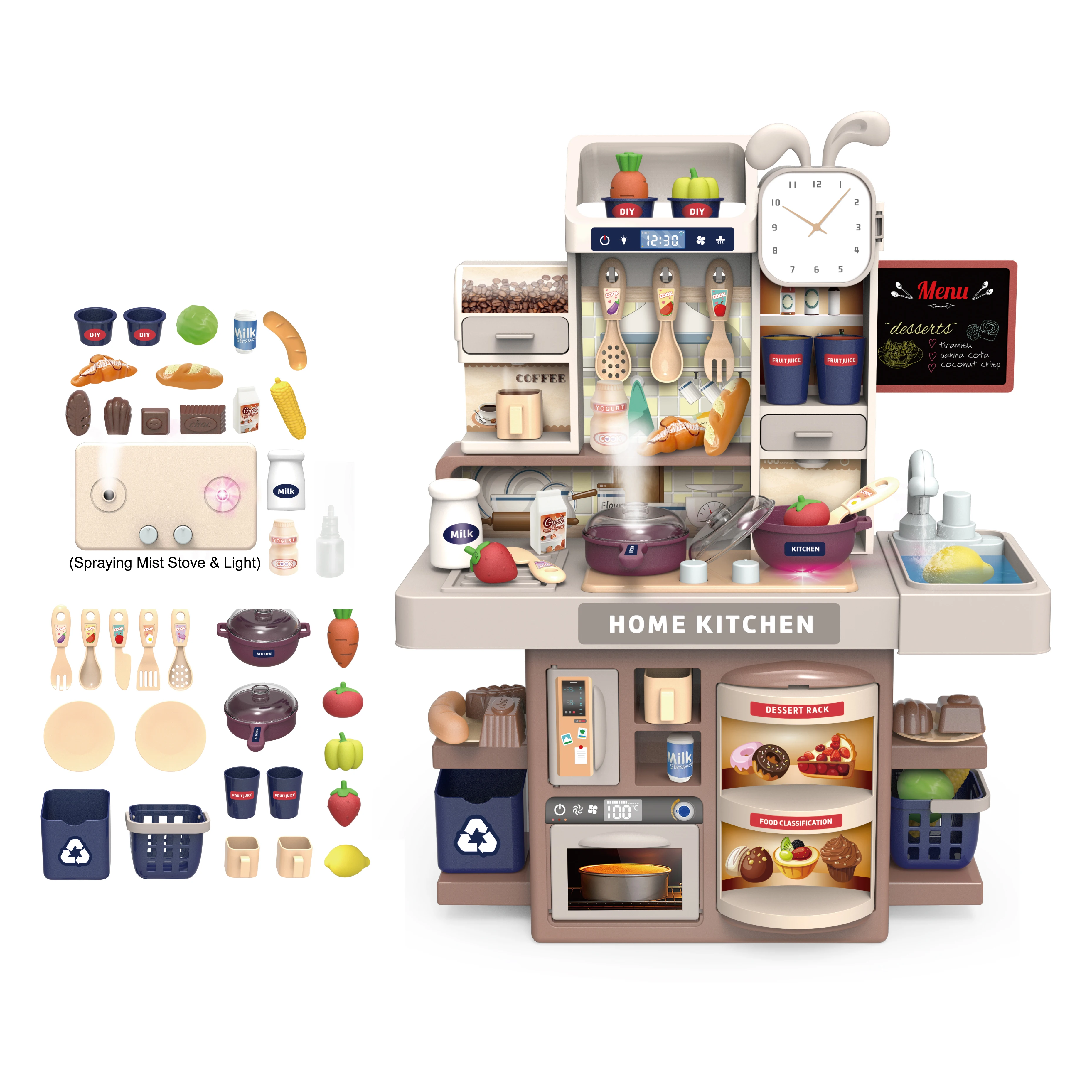 Hot Sell 33+pcs Mini Kitchen Toys Spray Real Cooking Set Game With Light Sound Pretend Kitchen Set