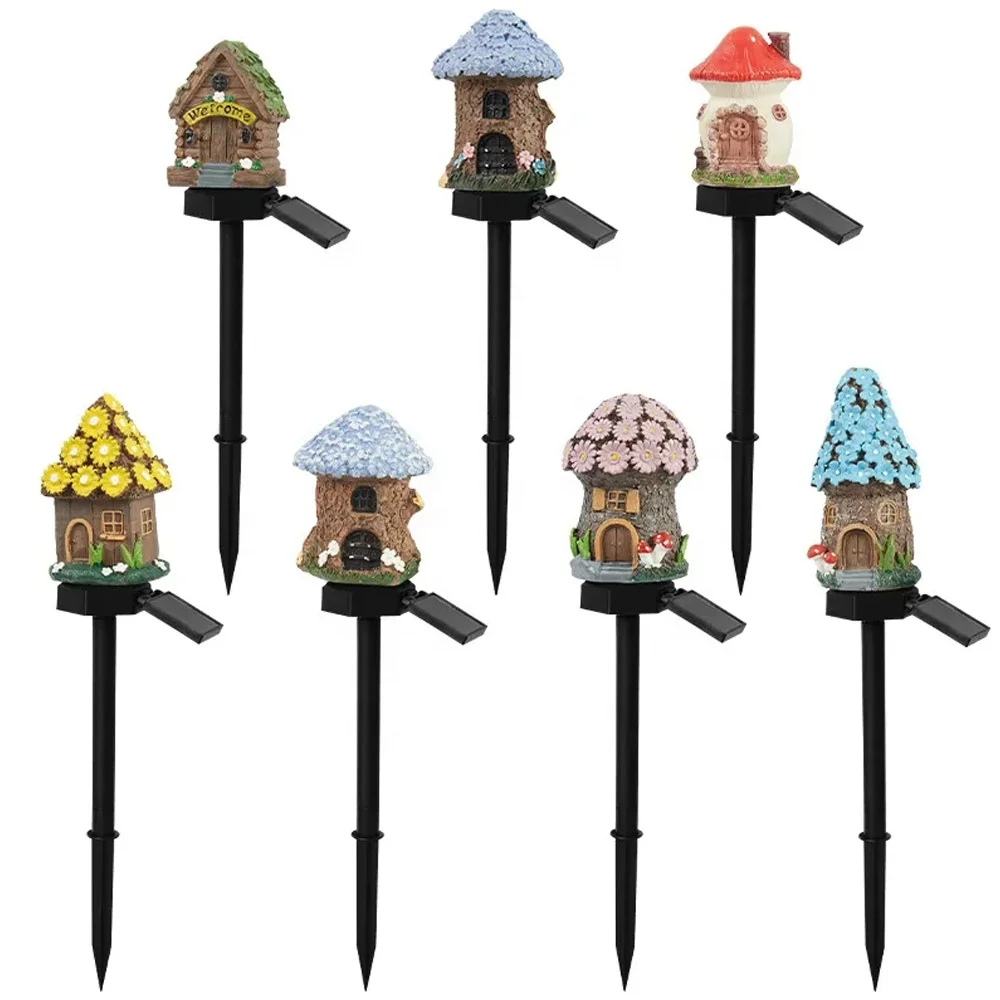 LED Solar Lawn Light Multi Craft Miniature Fairy House Outdoor  Garden Decor Resin Cottage Mushroom Lamp