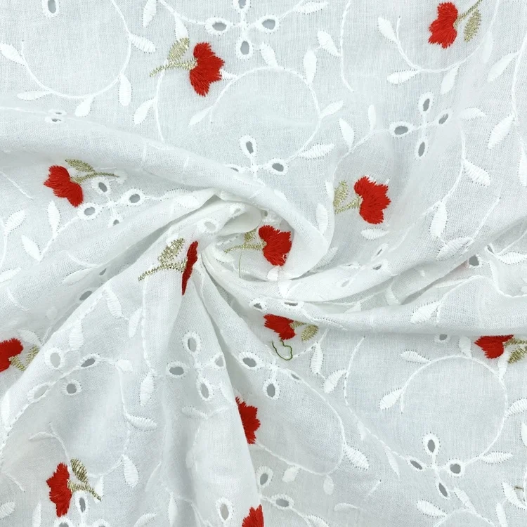 Customized quick-dry white voile cotton eyelet flower embroidery fabric for apparel-shirts blouses