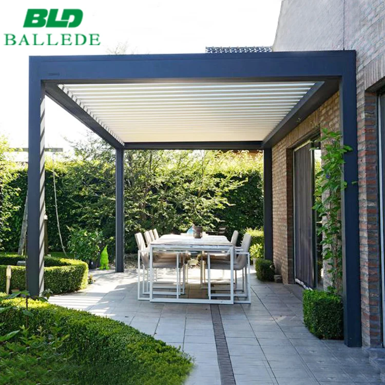 New design outdoor pergola waterproof opening louver roof electric garden awning with LED lights