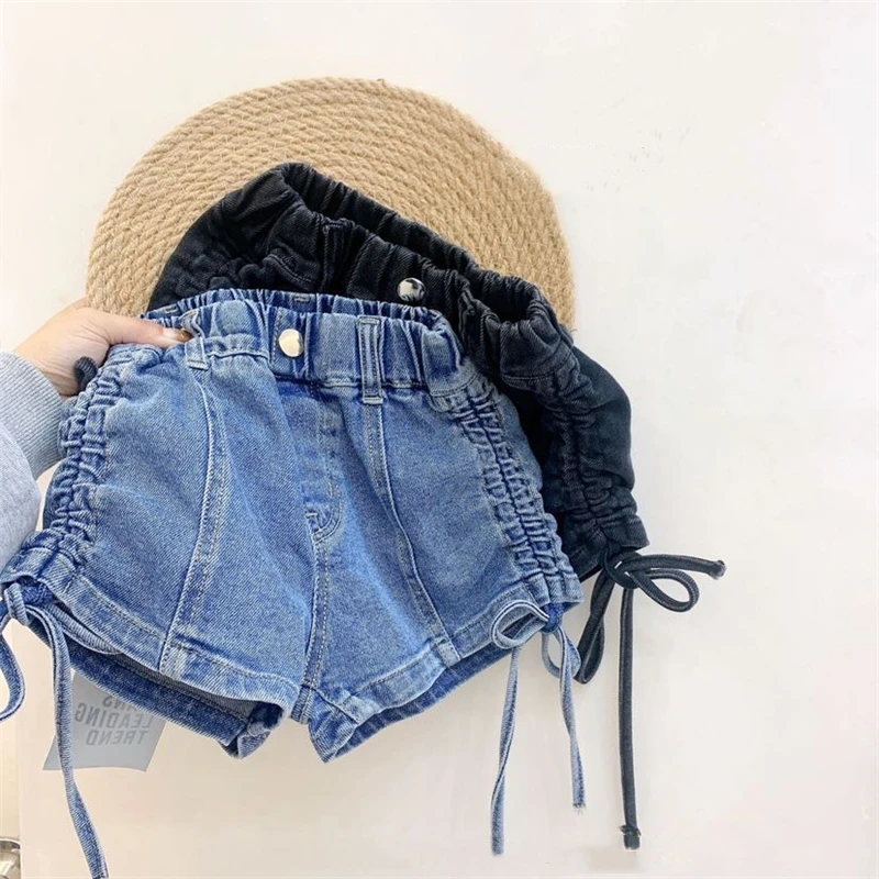 RTS children 2023 summer denim shorts high waist drawstring sexy girls shorts kids fashion denim shorts pants in tight