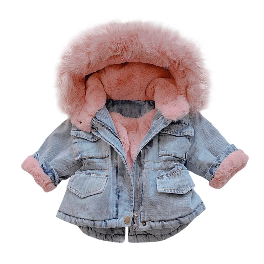 Toddler Jacket Hooded Faux Fur Fleece Thick Denim Coat Outwear Fashion Warm Costume