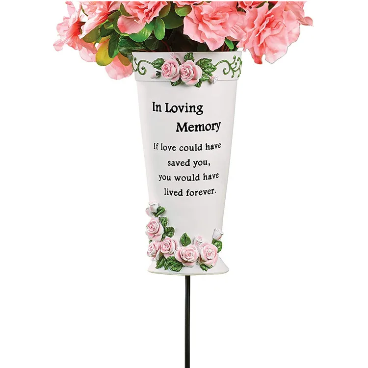 Custom In Loving Memory Spiked Cemetery flower vase with stakes Memorial Resin Grave Flower Vases with Ground Spikes