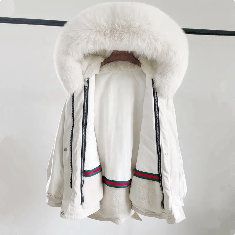 Wholesale Warm Winter Fox Fur Hood Parka Woman Black Parka With Real Rex Rabbit Fur Lined