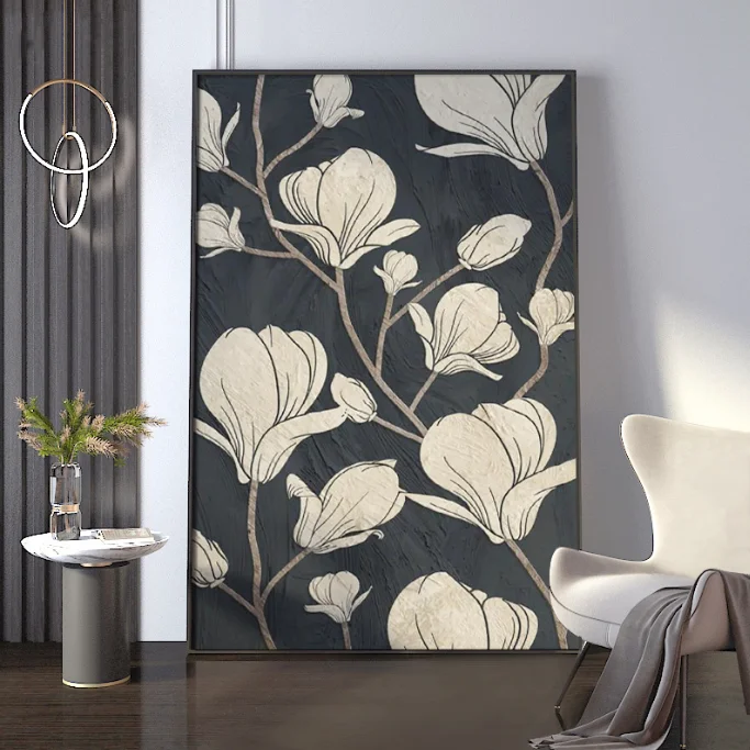 Modern Nordic Luxury 1pcs Handmade Golden Oil Canvas Crystal Porcelain Leaf Wood Glass Aluminum Framed Painting Living Hanging