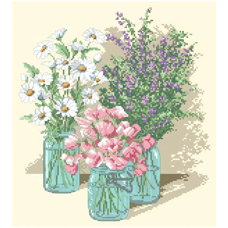 DPH162 Three bottles of flowers cross stitch kit aida 18ct 14ct 11ct light yellow cloth unprint canvas embroidery DIY