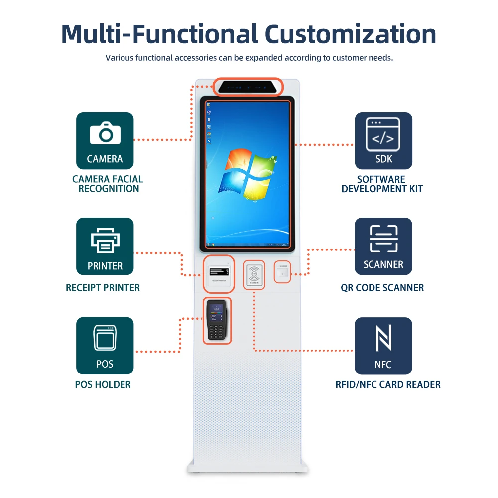 32 Inch Windows Android Linux SDK Support Cash Card Payment Machine Passport Scanner Self Checkout Kiosk Ticket Vending Machine