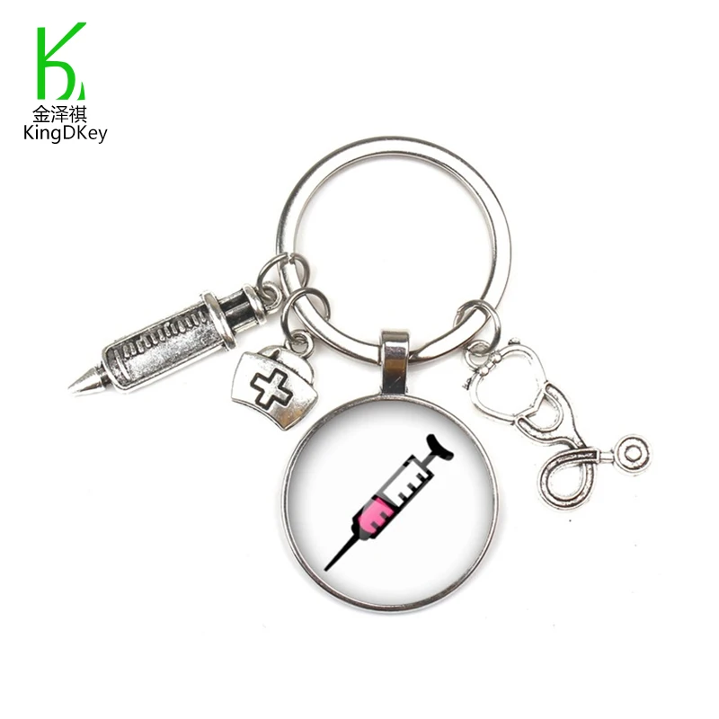 creative nurse medical keyring New fashion syringe stethoscope image keyholder glass cabochon and glass dome keychain
