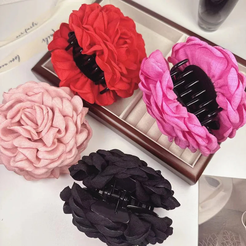 GEERDENG 9-12cm Romantic Style Shark Clip Retro Back Head Hairpin Hair Ornament Rose Flower Hair Claw Catch Clips for Thick Hair