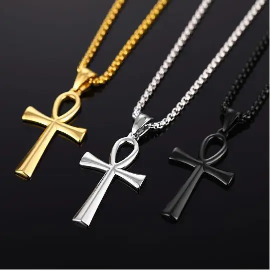 Luxury Religious Ankh Cross Pendant Necklace Fashion Womens Egyptian Mens Jewelry Stainless Steel Amulet Pendant Chain Gift