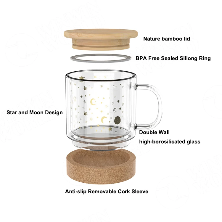 
2021 New Arrival Double Wall Printed Glass Coffee Cup, Borosilicate Glass Mug Custom Cappuccino Cup, Tea Cup with Bamboo Lid 
