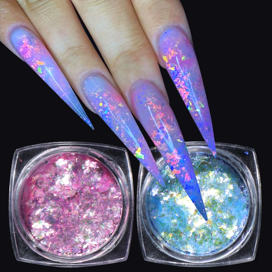Shiny Aurora Opal Powder Nail Flake Pink Blue Holographic Glitter For Nail Design Ice Foil Shimmer Manicure Decoration