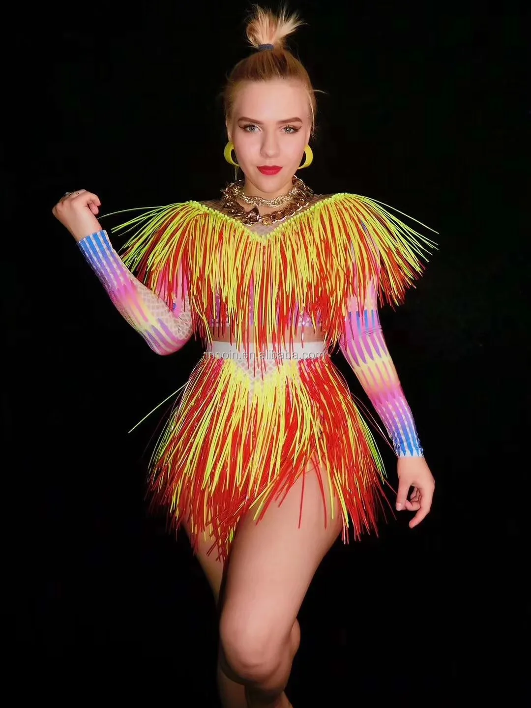 
Colorful Fringes Rhinestone Bodysuit Women Stage Dance Costume Nightclub Dance Female Singer Show Bright Leotard Dj Dance 