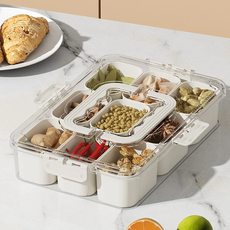 durable Portable Snackle Box Container 2/6/8 compartments clear Divided Serving Tray with Lid and Handle