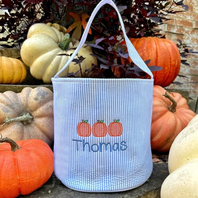 Monogrammed Trick or Treat Bag Seersucker Halloween Tote Bag For Kids Halloween Basket