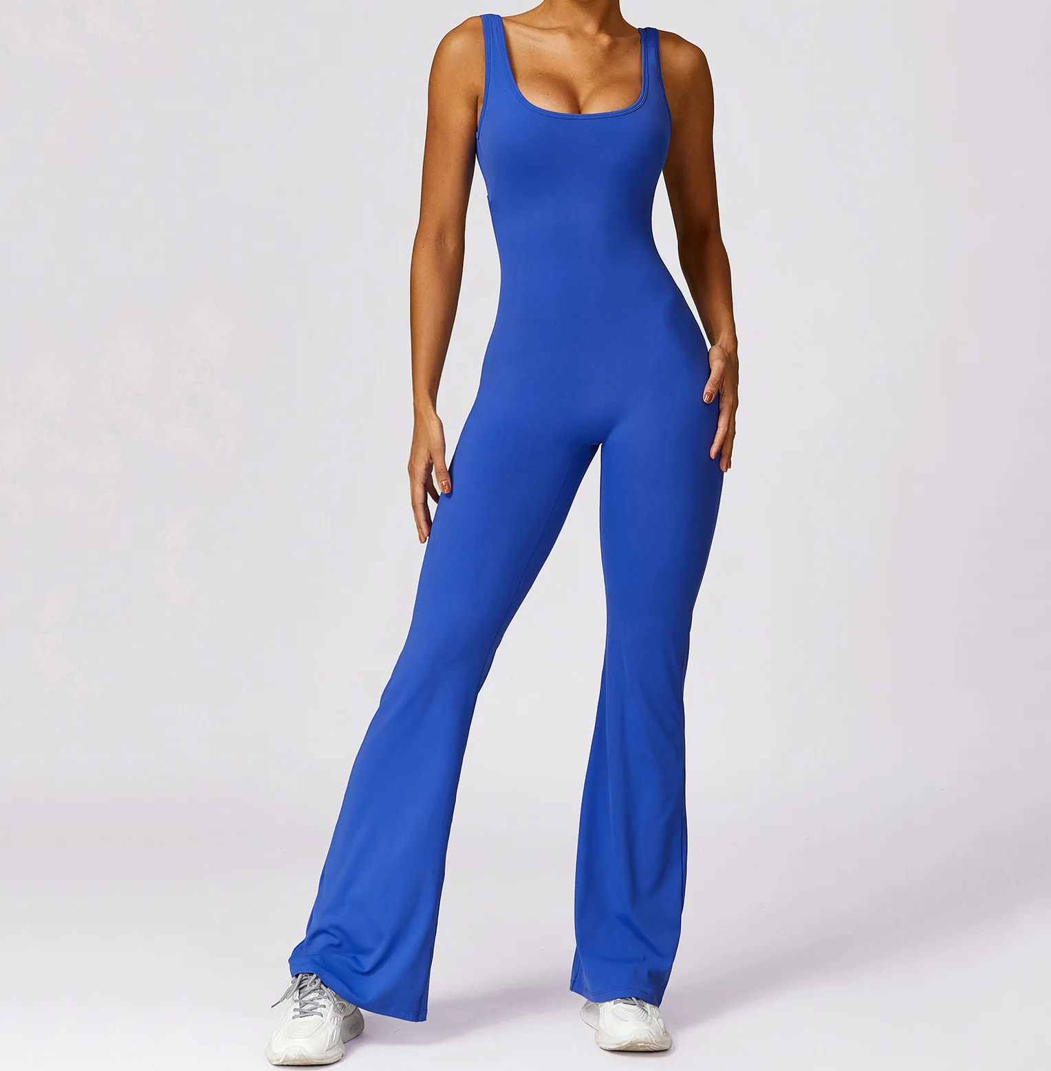 High Quality Elastin Workout Romper Gym Fitness Bodysuits Women v cut scrunch flare pants One Piece Yoga Jumpsuit